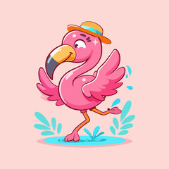 Flamingo vector, exotic pink bird flat illustration, seamless tropical cartoon animal background for nursery decor, kids summer room art print, wildlife wallpaper and beach fabric pattern design