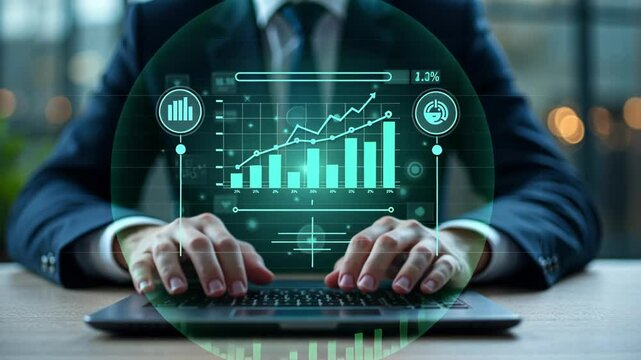 A person in a business suit working on a laptop with virtual icons related to data analysis, showcasing bar charts and diagrams stock market trends and financial activity.