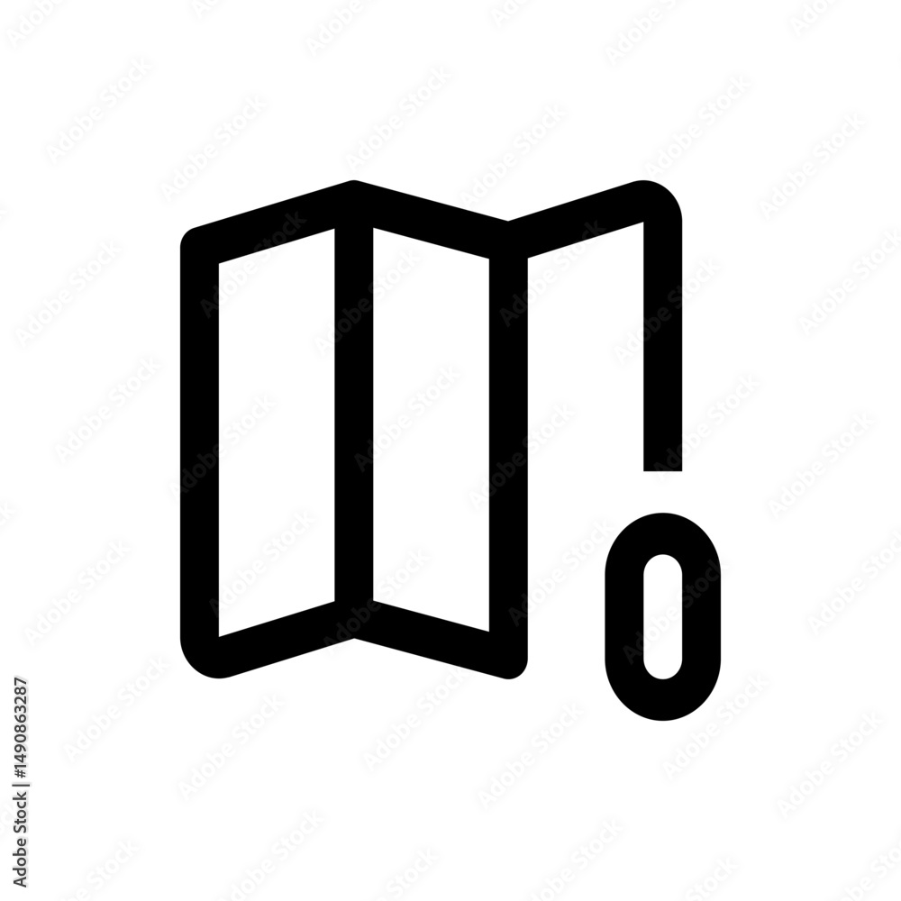 Poster black outlined map icon with folded sections and a zero symbol on the lower right side of the image 