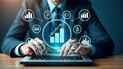 A person in a business suit working on a laptop with virtual icons related to data analysis, showcasing bar charts and diagrams stock market trends and financial activity. - Powered by Adobe