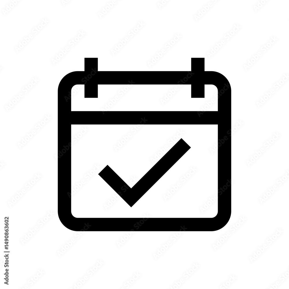 Poster black and white calendar icon with check mark indicating a completed task or scheduled event reminde
