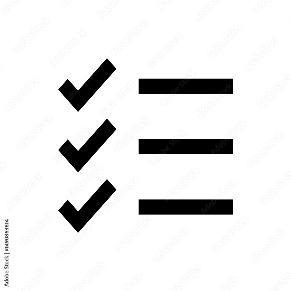 Poster checklist icon featuring three check marks and three horizontal lines representing list items in bla
