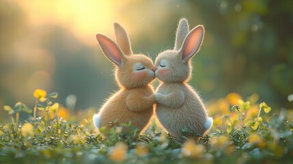 Adorable Bunnies Sharing a Tender Kiss in a Lush Meadow at Sunset