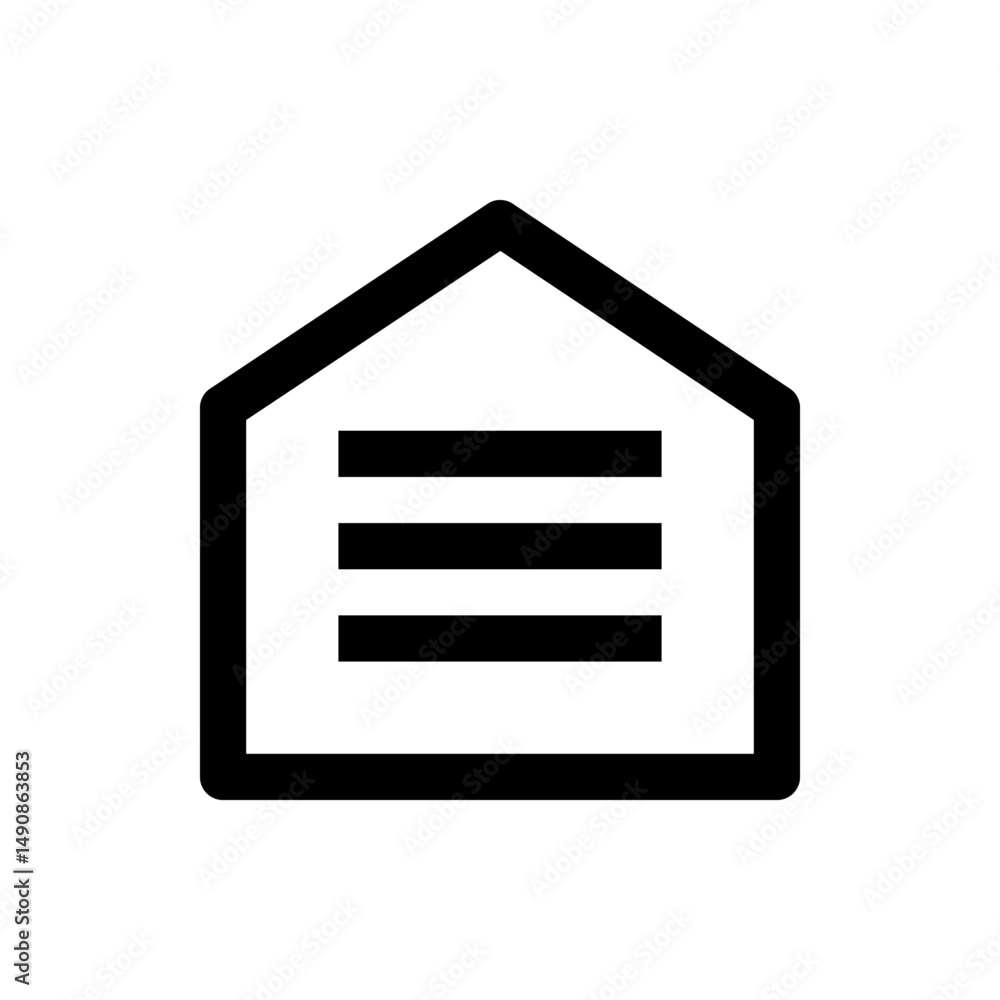 Poster illustration of a document icon with horizontal lines inside a house shape in a minimalist black out