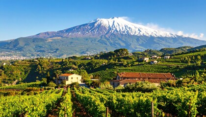 Sicilian Vineyards with Mount Etna View.