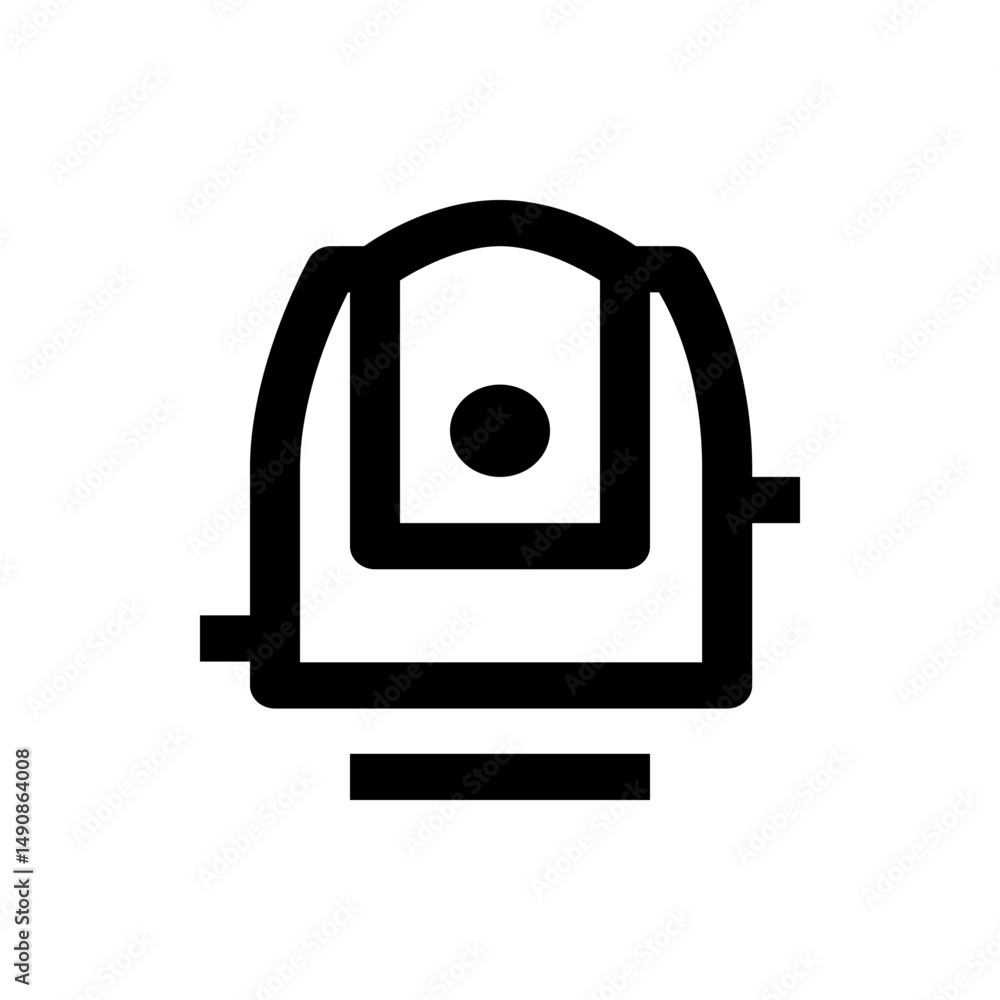 Poster illustration of a black backpack with a circular element inside a rectangular shape on a white backg