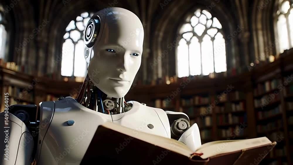 Poster artificial intelligence robot engrossed in reading a book within a historical library