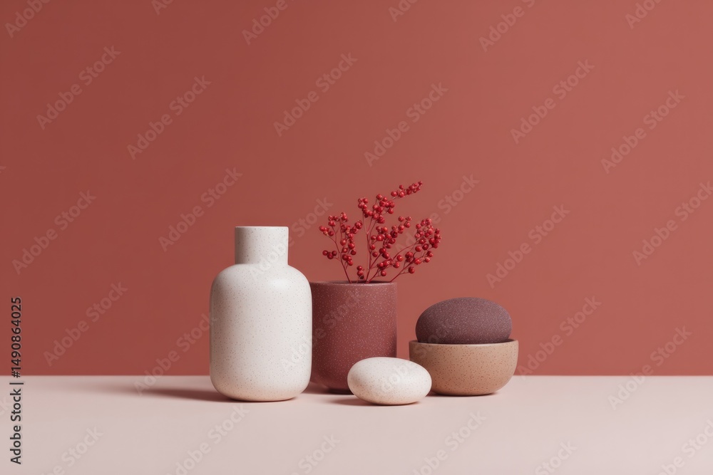 Poster capture minimalistic still life setup featuring various small objects on solid colored background