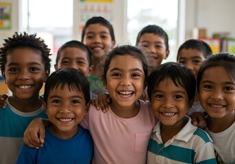 Obraz premium Diverse group of smiling children portrait in school environment positive emotions and childhood