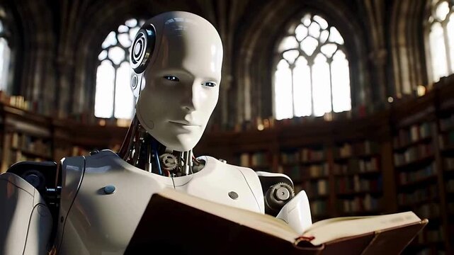 Artificial intelligence robot engrossed in reading a book within a historical library