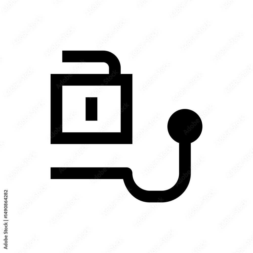 Poster illustration of an unlocked padlock with a curved line connecting to a circle on the right side view