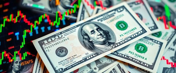 US dollar bills overlaid with dynamic stock market charts, inflation, stock