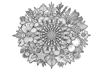 Detailed Black and White Seashell and Coral Design. A complex, intricate black and white design featuring a multitude of stylized Seashell and Coral elements arranged in a circular pattern.