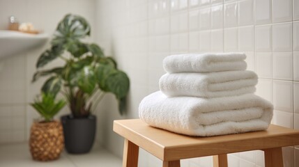 Stacked white towels on a wooden stool in a modern bathroom