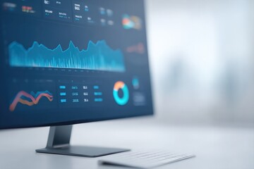 close-up of computer screen filled with intricate data streams and analytical graphs surrounded by clean minimalistic