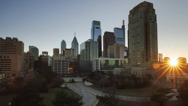 Day to Night timelapse of Philadelphia Skyline looking towards the  Callowhill St Exit in Philadelphia