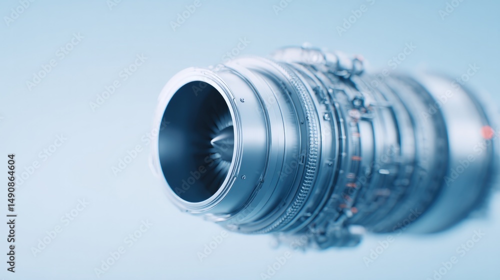 Poster close-up of modern aviation engine metallic structure cables and components surrounded by ample copy