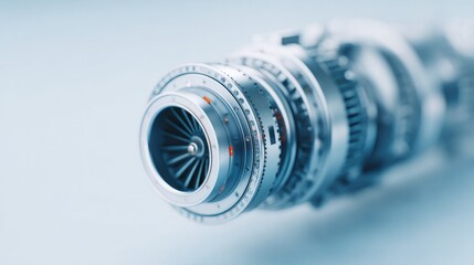 close-up of modern aviation engine metallic structure cables and components surrounded by ample copy space on clean