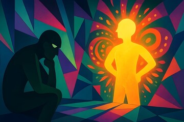 A conceptual illustration of envy featuring a green-toned figure staring at a radiant golden silhouette. Surrounded by vibrant geometric patterns, this image symbolizes emotional contrast and desire.