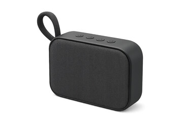 Fabric-covered portable speaker featuring minimalist controls and hanging loop, displayed against transparent backdrop