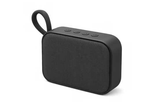 Fabric-covered portable speaker featuring minimalist controls and hanging loop, displayed against transparent backdrop