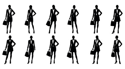 Silhouettes of women, with a vector illustration of a womans in a stylish outline  in various poses and actions, 