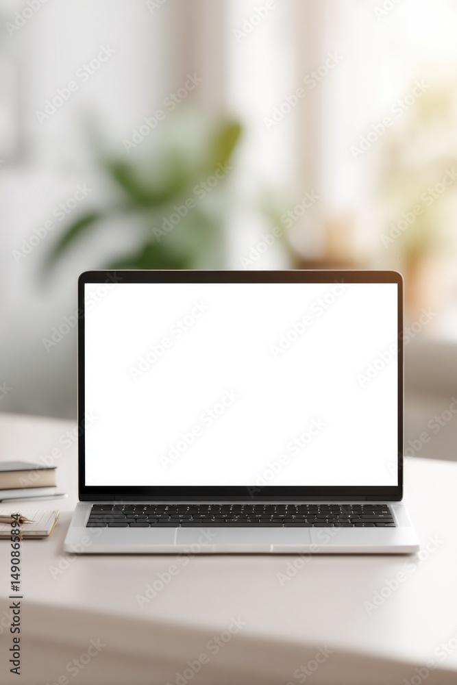 Poster laptop with blank screen and clean desk setup perfect for showcasing interactive presentations