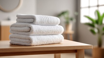 Stack of white towels on a wooden table in a bathroom