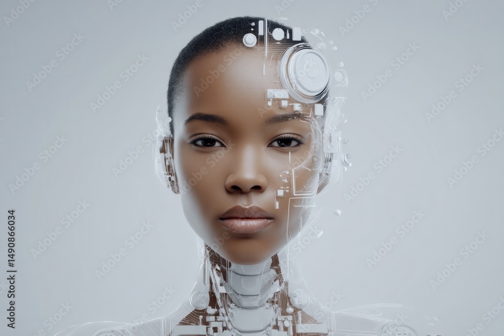 Poster minimalistic and futuristic portrait of person surrounded by robotic elements
