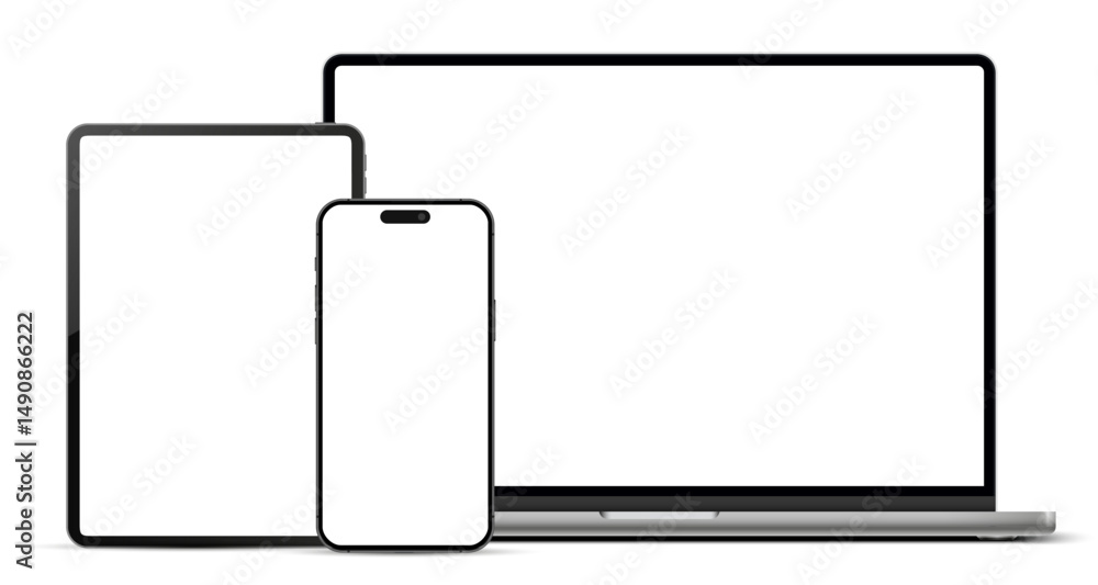 Aufkleber Laptop computer, tablet pc and mobile phone mockup front view, digital devices screen template isolated with transparent background - stock vector