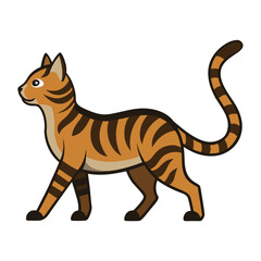 A tabby cat with a short, curved tail is captured mid-stride in profile view  on white background