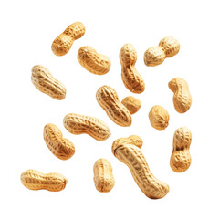 Many peanuts falling on colorful striped background