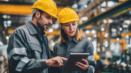 Male and female industrial engineers wearing safety gear collaborating on a digital tablet in a modern factory environment