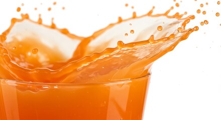Refreshing Orange Juice Splash - Close-up of an orange juice splash in a glass against a white background. Vibrant and refreshing