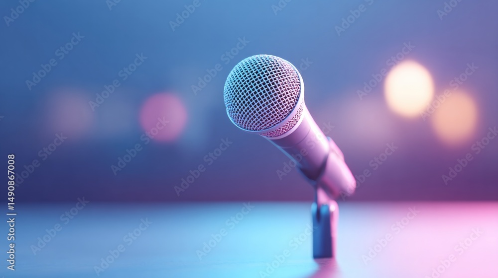 Poster minimalistic scene of lone microphone standing on small stage with vibrant soft lights in background