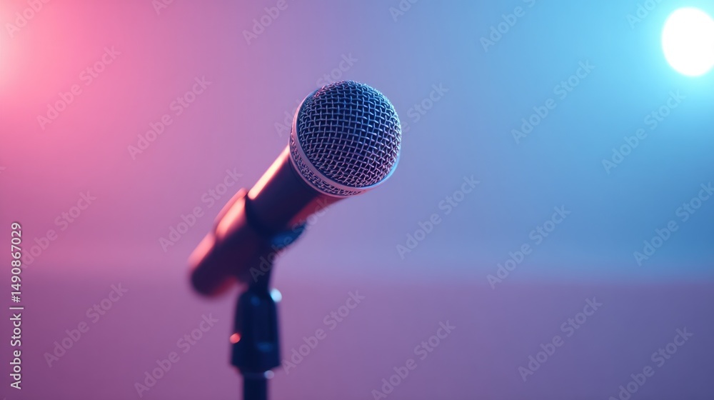 Aufkleber minimalistic scene of lone microphone standing on small stage with vibrant soft lights in background
