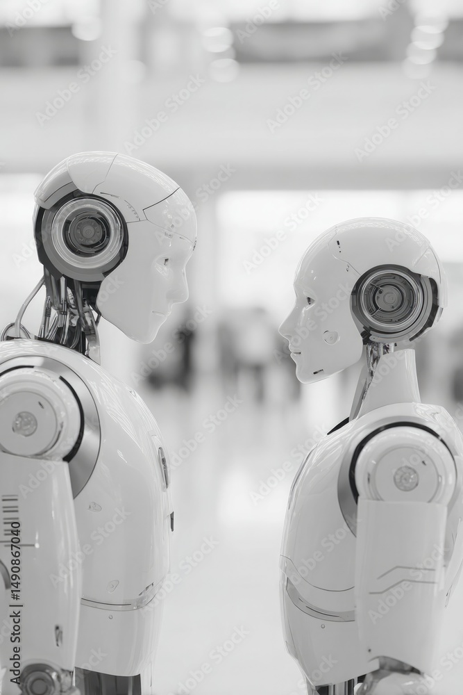 Poster minimalistic scene of humanoid robots interacting in modern workspace