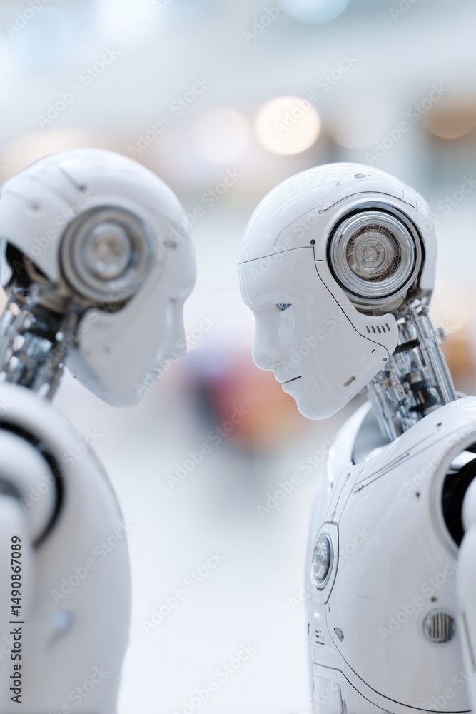Poster minimalistic scene of humanoid robots interacting in modern workspace