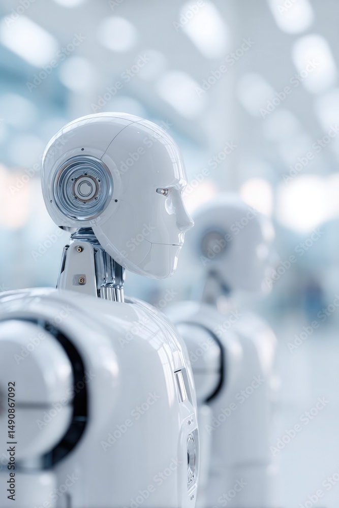 Poster minimalistic scene of humanoid robots interacting in modern workspace