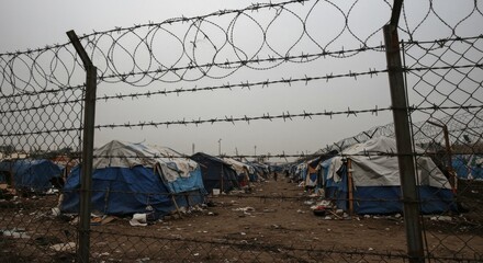 Refugee Camp Behind Barbed Wire Fence - A desolate refugee camp, seen through a barbed wire fence, showing temporary shelters and a harsh environment