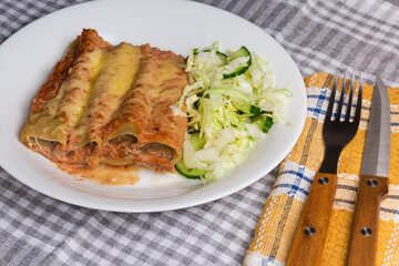 Serving of baked pasta cannelloni stuffed with meat filling