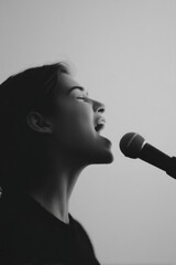 of person singing passionately into microphone in minimalistic setting