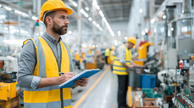 Industrial supervisor wearing hardhat and high-visibility vest writing notes on clipboard, evaluating work inside factory