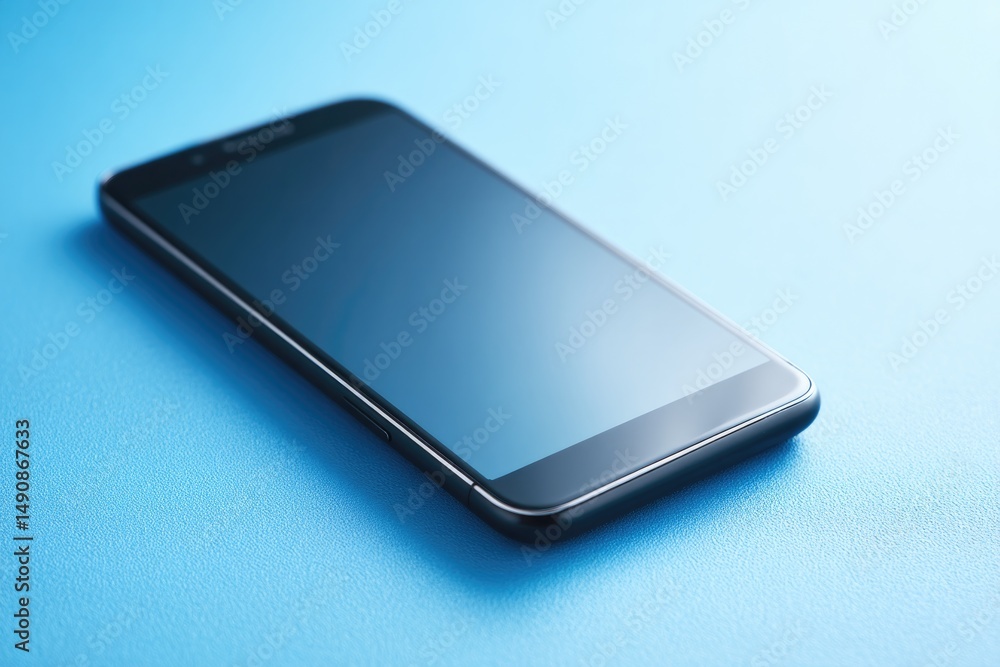 Poster sleek smartphone lying on solid background with screen displaying branded interface elegant minimali