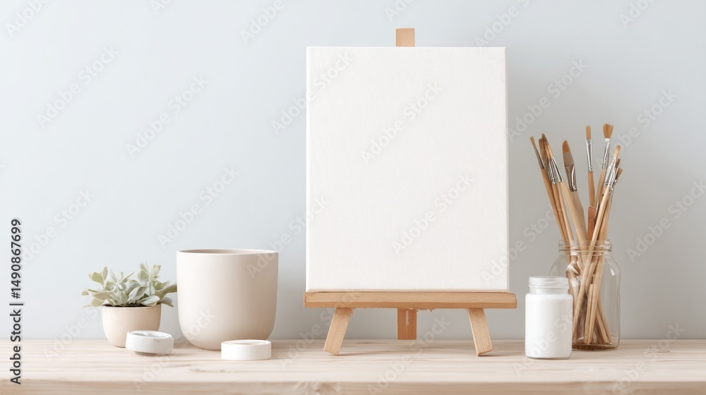 Poster studio photo of artist workspace with clean canvas and varied illustration styles minimalistic setup