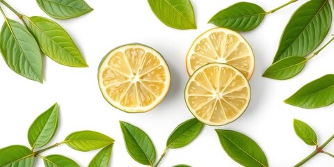 Top view of whole and halved lime with leaves, isolated on white, green, still life