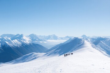 snow-capped mountains stretch into horizon under clear blue skies