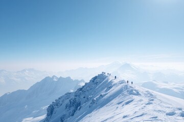 snow-capped mountains stretch into horizon under clear blue skies