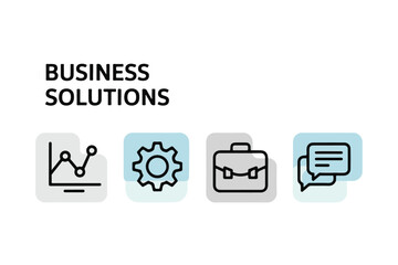 Modern business solutions icon set representing analysis strategy workflow and communication