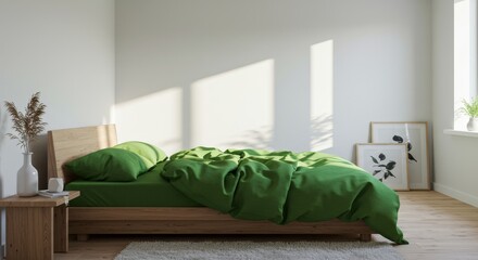 Serene Green Bedroom Haven - A tranquil bedroom scene featuring a wooden bed with lush green bedding, bathed in soft sunlight. Minimalist and inviting